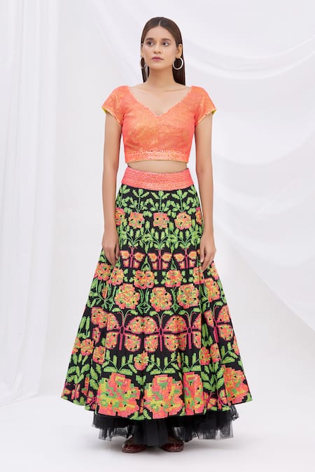 Surily G_Yellow Crepe V Neck Sequin Embellished Crop Top_Online_at_Aza_Fashions