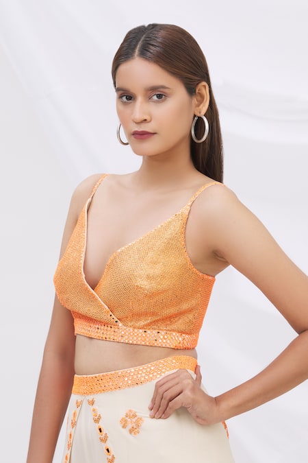 Surily G_White Crepe, Georgette V Neck Sequin Embellished Crop Top_Online_at_Aza_Fashions