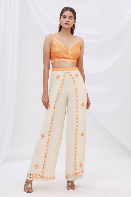 Buy_Surily G_White Crepe, Georgette V Neck Sequin Embellished Crop Top_Online_at_Aza_Fashions