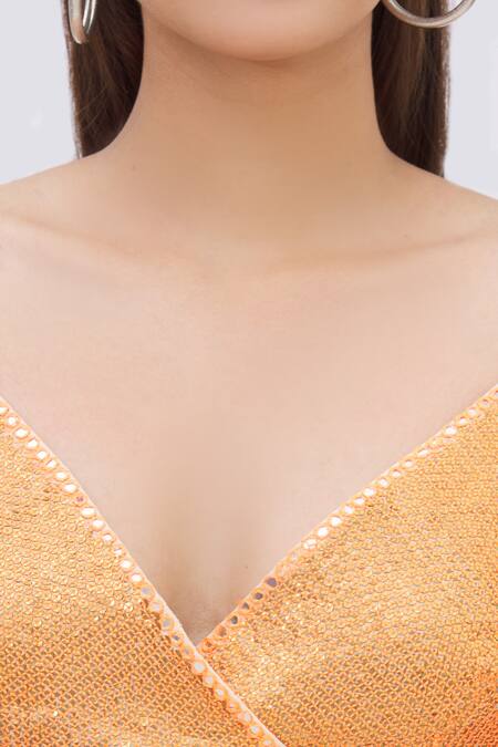 Surily G_White Crepe, Georgette V Neck Sequin Embellished Crop Top_at_Aza_Fashions