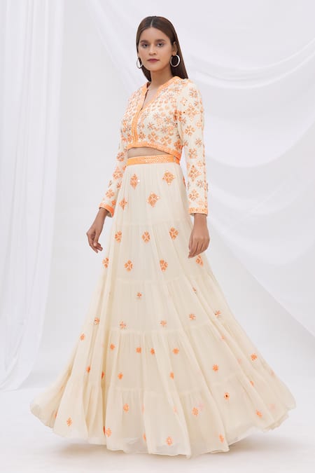 Surily G_White Crepe, Georgette Embroidered Tiered Lehenga_Online_at_Aza_Fashions