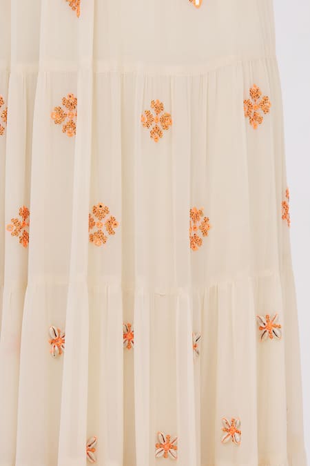 Surily G_White Crepe, Georgette Embroidered Tiered Lehenga_at_Aza_Fashions