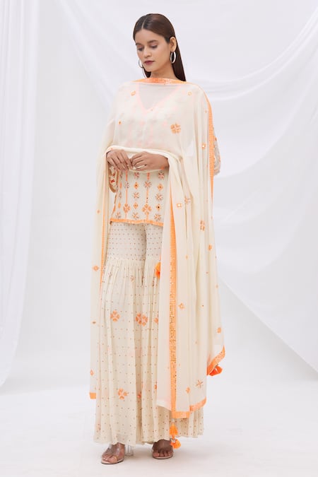 Surily G_White Crepe, Georgette Embroidered Tassel Dupatta_Online_at_Aza_Fashions