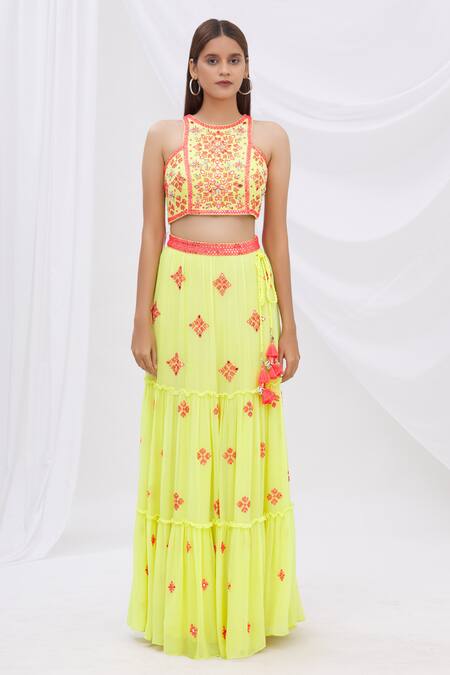 Buy_Surily G_Yellow Crepe, Georgette Round Embroidered Crop Top_Online_at_Aza_Fashions