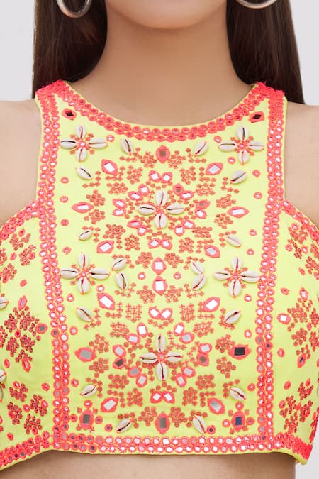 Surily G_Yellow Crepe, Georgette Round Embroidered Crop Top_at_Aza_Fashions