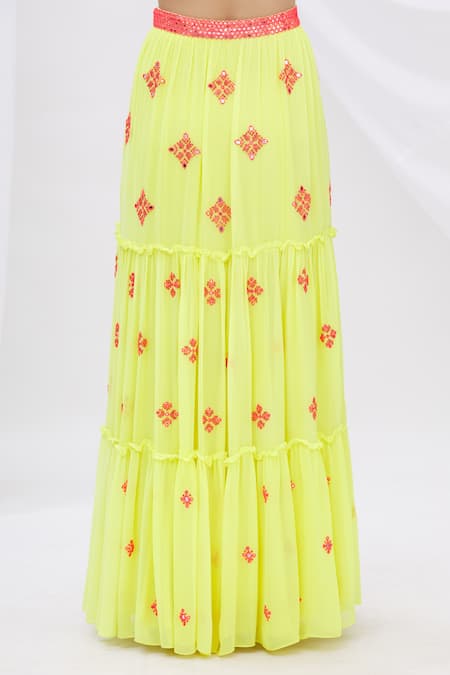 Surily G_Yellow Crepe, Georgette Embroidered Tiered Lehenga _Online_at_Aza_Fashions
