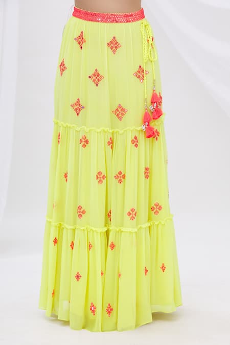 Buy_Surily G_Yellow Crepe, Georgette Embroidered Tiered Lehenga _Online_at_Aza_Fashions