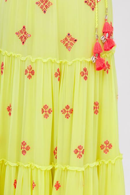 Shop_Surily G_Yellow Crepe, Georgette Embroidered Tiered Lehenga _Online_at_Aza_Fashions