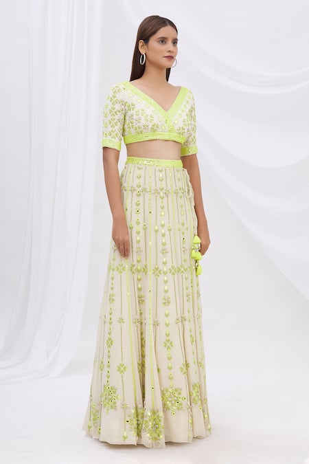 Surily G_White Crepe, Georgette V Neck Embroidered Crop Top_Online_at_Aza_Fashions