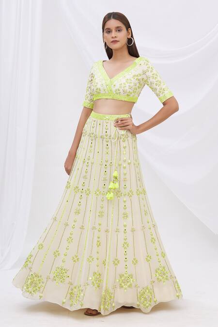 Buy_Surily G_White Crepe, Georgette V Neck Embroidered Crop Top_Online_at_Aza_Fashions