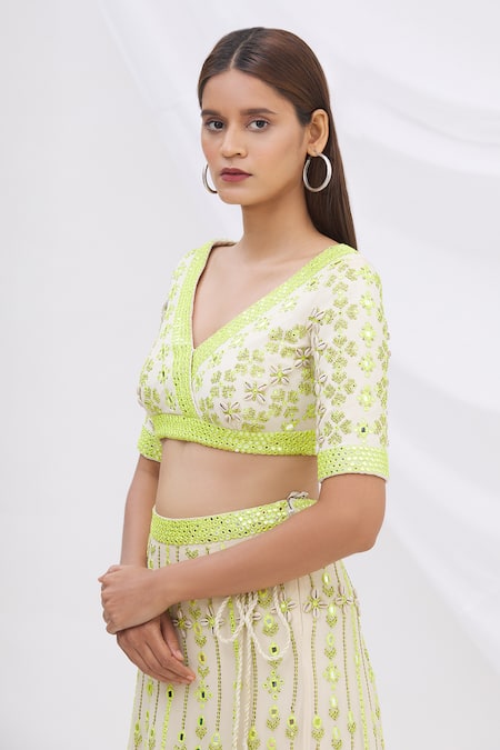 Shop_Surily G_White Crepe, Georgette V Neck Embroidered Crop Top_Online_at_Aza_Fashions