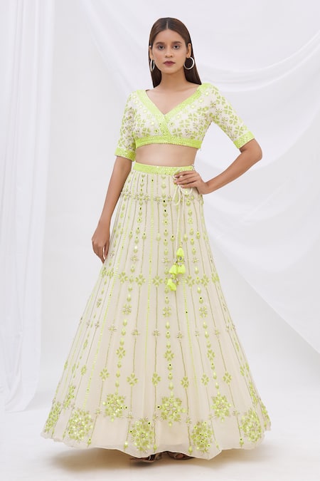 Shop Surily G White Crepe, Georgette Mirror Embellished Lehenga at Aza Fashions Shop_Surily G_White Crepe, Georgette Mirror Embellished Lehenga _at_Aza_Fashions