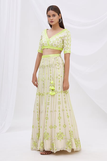 Surily G White Crepe, Georgette Mirror Embellished Lehenga Online at Aza Fashions Surily G_White Crepe, Georgette Mirror Embellished Lehenga _Online_at_Aza_Fashions
