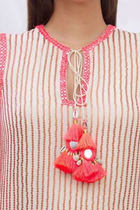 Surily G_White Crepe, Georgette Round Embroidered Short Kurta_at_Aza_Fashions