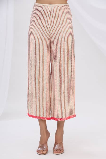 Surily G_White Crepe, Georgette Embroidered Striped Pants_Online_at_Aza_Fashions