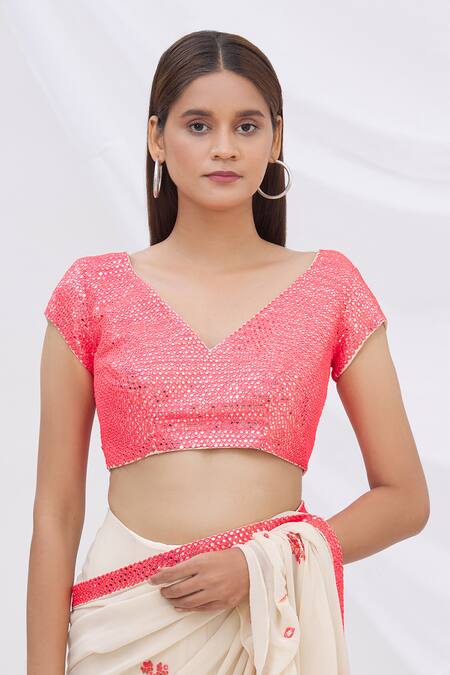 Buy_Surily G_Pink Crepe V Neck Mirror Embellished Blouse_Online_at_Aza_Fashions