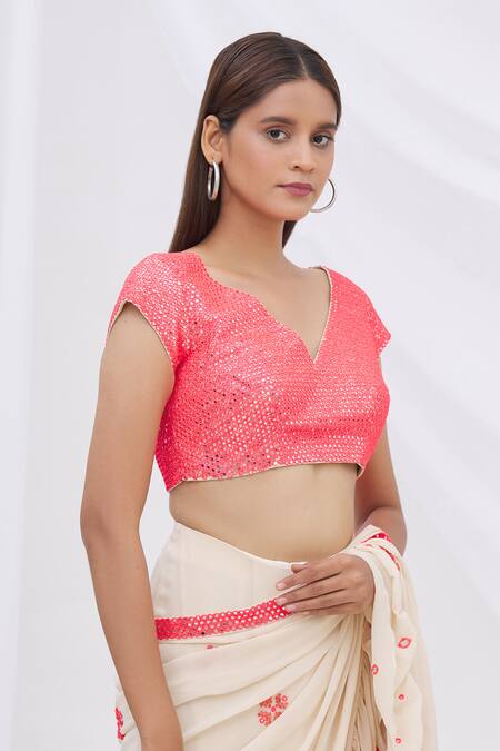 Shop_Surily G_Pink Crepe V Neck Mirror Embellished Blouse_Online_at_Aza_Fashions