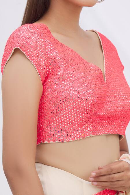 Surily G_Pink Crepe V Neck Mirror Embellished Blouse_at_Aza_Fashions