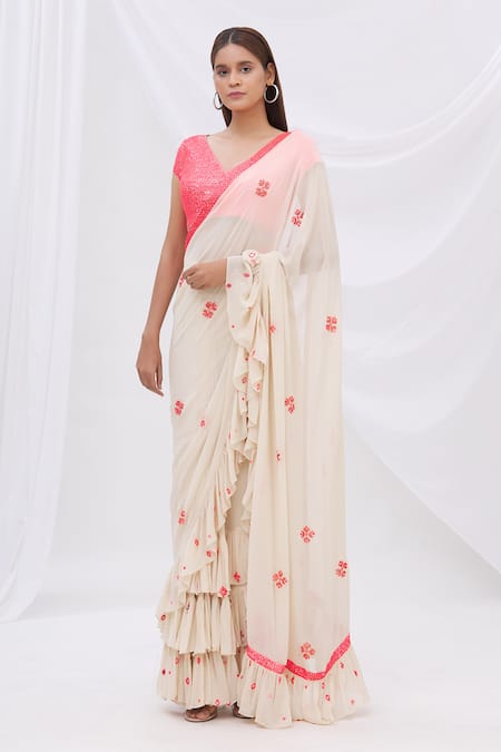 White Ruffle Saree In Georgette With Floral Print And Embroidery - Shivam  E-Commerce at Rs 1999.00, Surat | ID: 2850602026312