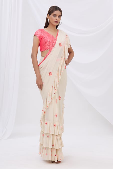 Surily G_White Crepe, Georgette Pre-draped Ruffle Saree_Online_at_Aza_Fashions