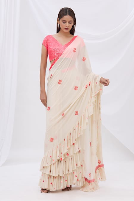 Buy_Surily G_White Crepe, Georgette Pre-draped Ruffle Saree_Online_at_Aza_Fashions