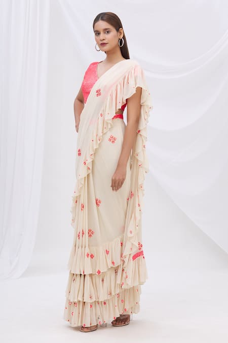 Shop_Surily G_White Crepe, Georgette Pre-draped Ruffle Saree_Online_at_Aza_Fashions