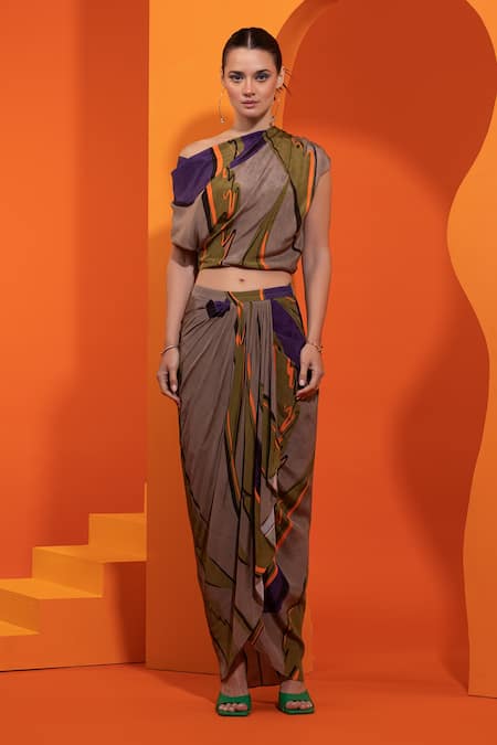 Nautanky_Purple Crepe, Chiffon Asymmetric Abstract Geometric Print Draped Top And Skirt Set _Online_at_Aza_Fashions