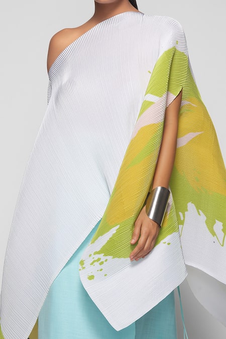 Shop_Payal Khandwala_White Poly Satin Pleated Asymmetric Poncho_Online_at_Aza_Fashions
