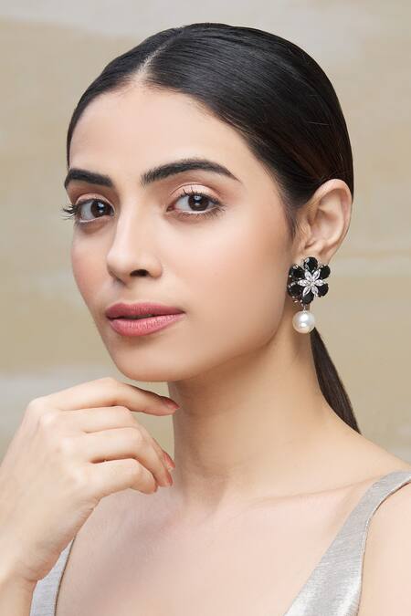 Chaotiq By Arti_Silver Plated Diamond Floral Bead Drop Earrings_Online_at_Aza_Fashions