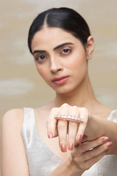 Chaotiq By Arti Gold Plated Diamonds Handcrafted Two Finger Ring Online at Aza Fashions Chaotiq By Arti_Gold Plated Diamonds Handcrafted Two Finger Ring_Online_at_Aza_Fashions