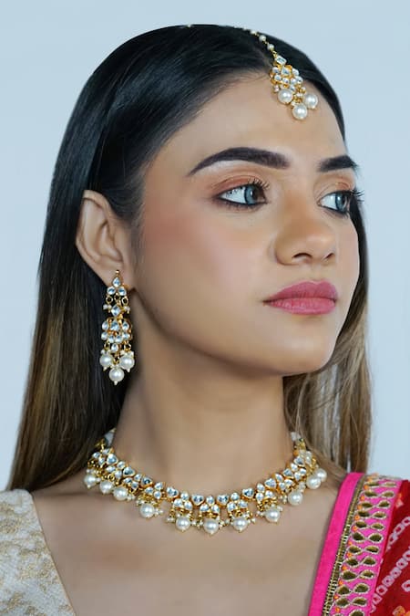 Shop_Namasya_Gold Plated Beads, Diamonds Kundan Stone Necklace Set _at_Aza_Fashions