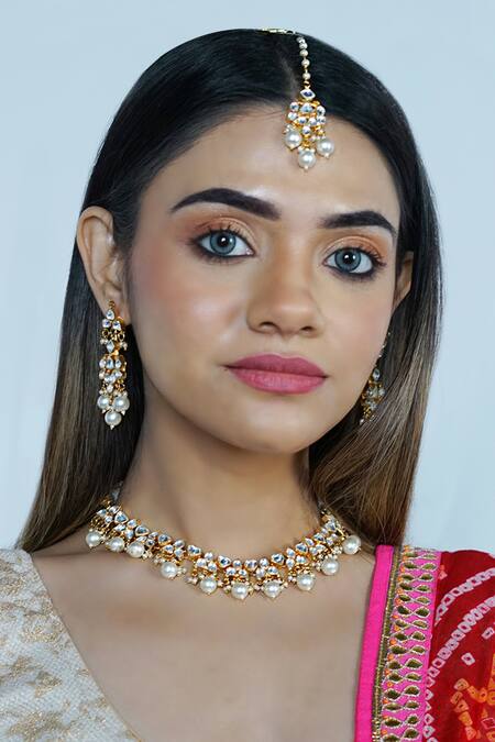 Namasya_Gold Plated Beads, Diamonds Kundan Stone Necklace Set _Online_at_Aza_Fashions