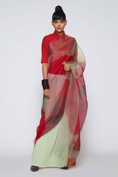 Buy_Payal Khandwala_Red Georgette Pleated Printed Saree_Online_at_Aza_Fashions