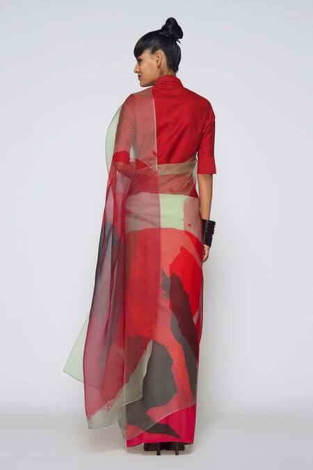 Shop_Payal Khandwala_Red Georgette Pleated Printed Saree_Online_at_Aza_Fashions