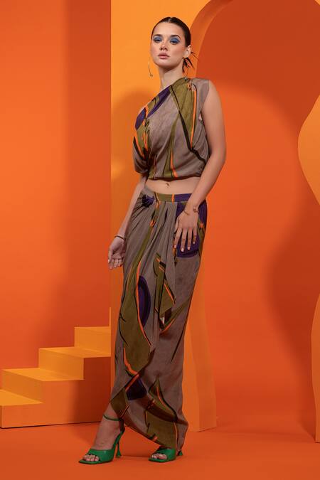 Shop_Nautanky_Purple Crepe, Chiffon Asymmetric Abstract Geometric Print Draped Top And Skirt Set _Online_at_Aza_Fashions