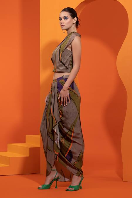 Nautanky_Purple Crepe, Chiffon Asymmetric Abstract Geometric Print Draped Top And Skirt Set _at_Aza_Fashions