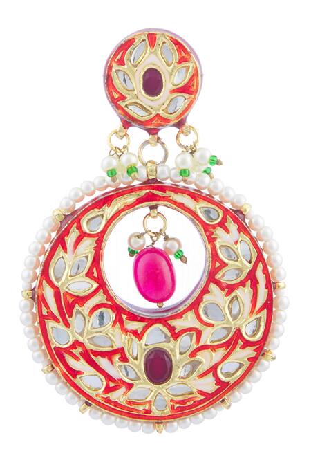 Just Shradhas_Gold Plated Pearls, Beads, Gota Patti Kundan Enamel Circular Danglers _Online_at_Aza_Fashions