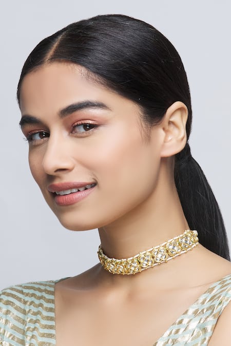 Just Shradhas_Gold Plated Kundan Floral Choker _Online_at_Aza_Fashions