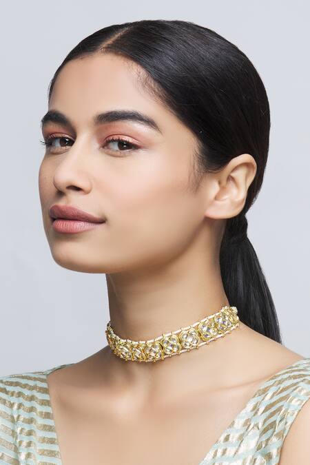 Buy_Just Shradhas_Gold Plated Kundan Floral Choker _Online_at_Aza_Fashions