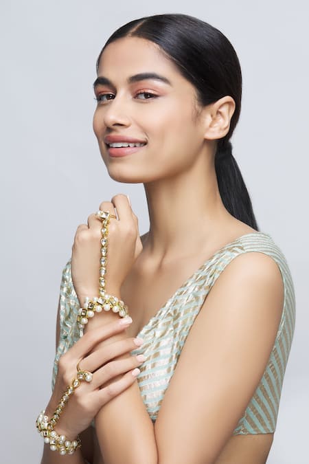 Buy_Just Shradhas_Gold Plated Pearls, Beads Kundan Hathphool - Set Of 2 _Online_at_Aza_Fashions