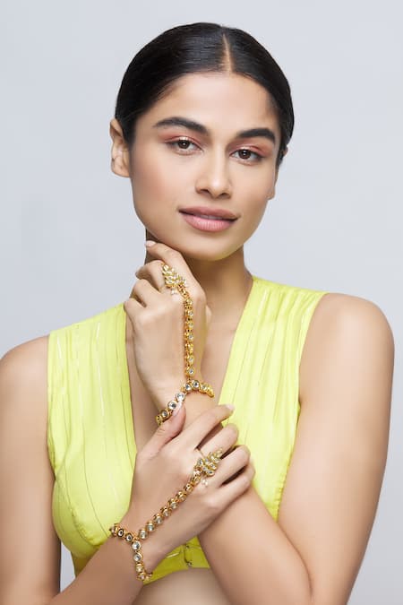 Just Shradhas Gold Plated Pearls, Diamonds Kundan Hathphool - Set Of 2 Online at Aza Fashions Just Shradhas_Gold Plated Pearls, Diamonds Kundan Hathphool - Set Of 2 _Online_at_Aza_Fashions