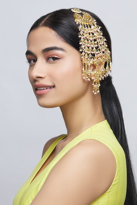 Just Shradhas_Gold Plated Kundan Crescent Moon Passa _Online_at_Aza_Fashions