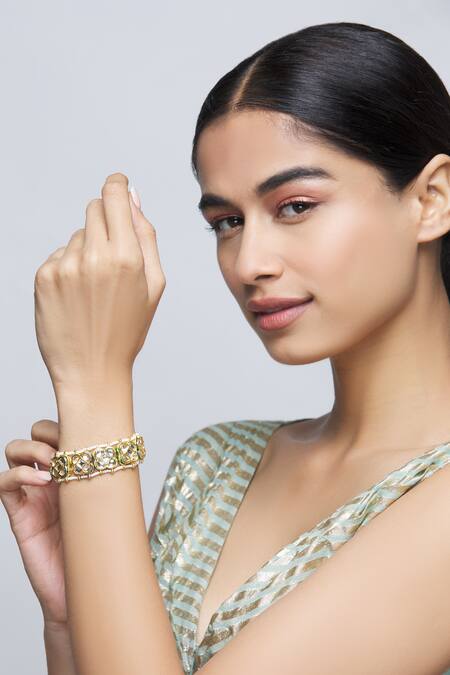 Shop_Just Shradha's_Gold Plated Pearls, Diamonds Kundan Floral Bracelet _at_Aza_Fashions