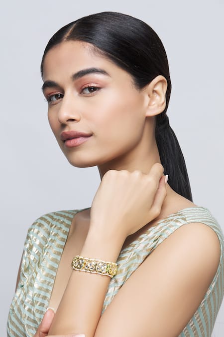 Buy_Just Shradha's_Gold Plated Pearls, Diamonds Kundan Floral Bracelet _Online_at_Aza_Fashions