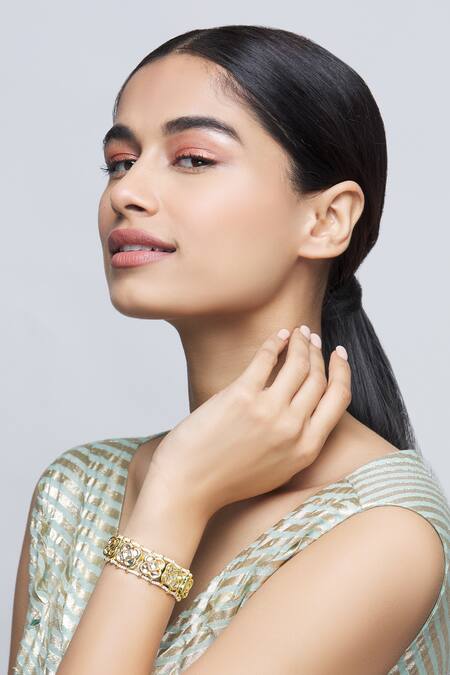 Shop_Just Shradha's_Gold Plated Pearls, Diamonds Kundan Floral Bracelet _Online_at_Aza_Fashions