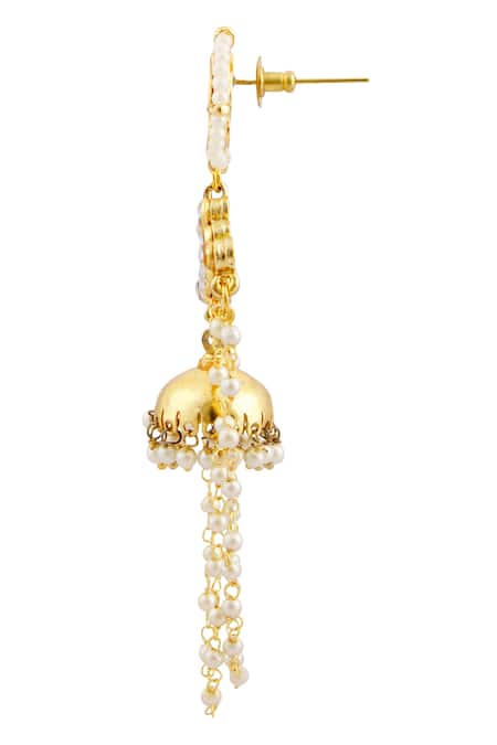 Shop Just Shradhas Gold Plated Pearls, Beads, Metallic Thread Kundan Tassel Jhumkas Online at Aza Fashions Shop_Just Shradhas_Gold Plated Pearls, Beads, Metallic Thread Kundan Tassel Jhumkas _Online_at_Aza_Fashions