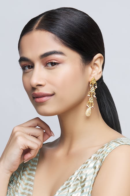 Just Shradhas_Gold Plated Pearls, Beads Kundan Tiered Danglers _Online_at_Aza_Fashions