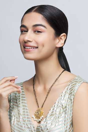 Shop Just Shradhas Gold Plated Kundan Pendant Necklace at Aza Fashions Shop_Just Shradhas_Gold Plated Kundan Pendant Necklace _at_Aza_Fashions