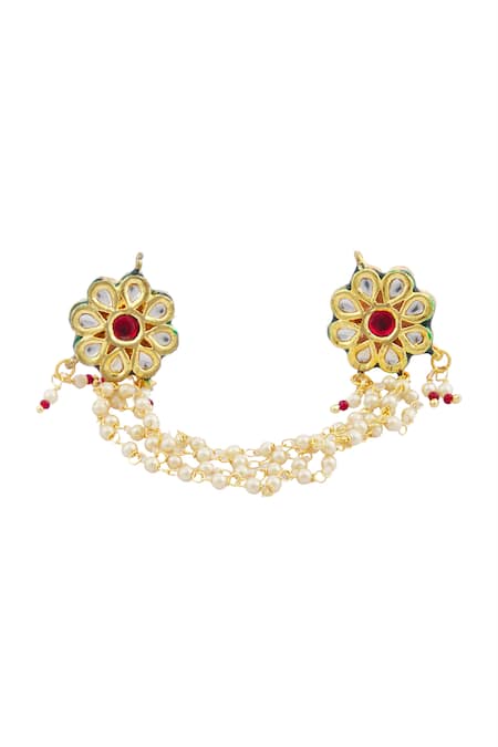 Shop Just Shradhas Gold Plated Pearls, Beads, Gota Patti Kundan Floral Ring at Aza Fashions Shop_Just Shradhas_Gold Plated Pearls, Beads, Gota Patti Kundan Floral Ring _at_Aza_Fashions