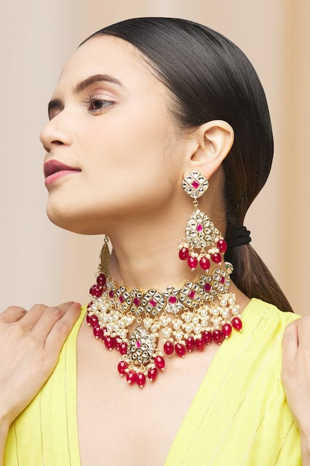 Moh-Maya By Disha Khatri_Gold Plated Pearls, Beads, Diamonds Drop Choker Set _Online_at_Aza_Fashions